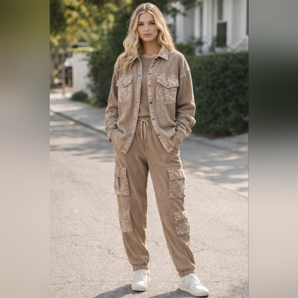 🌸 Hard Tail Womens XL Tan 2 Piece Utility Jacket Cargo Pants Matching Set